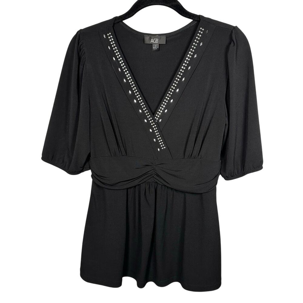 AGB Black Embellished V-Neck Half Sleeve Blouse Women's Small